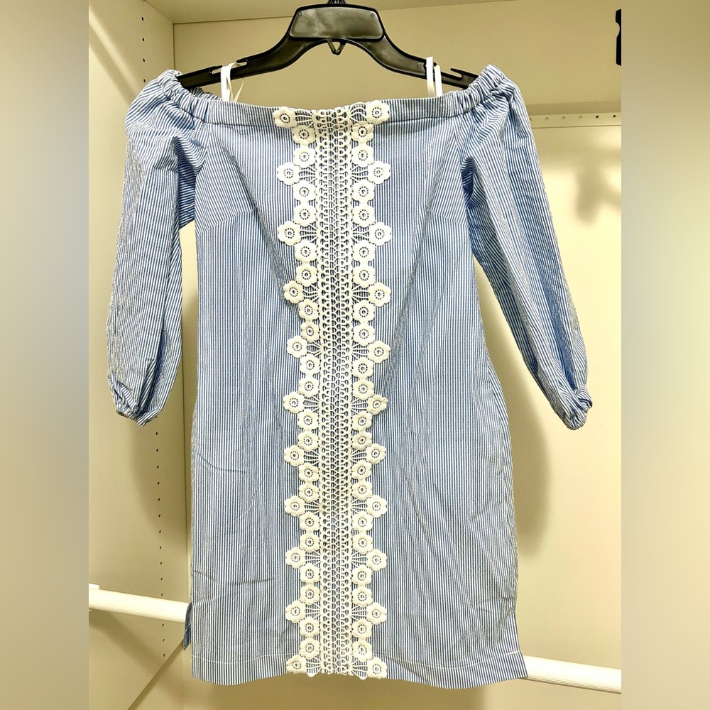 Eliza J Blue and White Striped Gingham Dress - size 2P